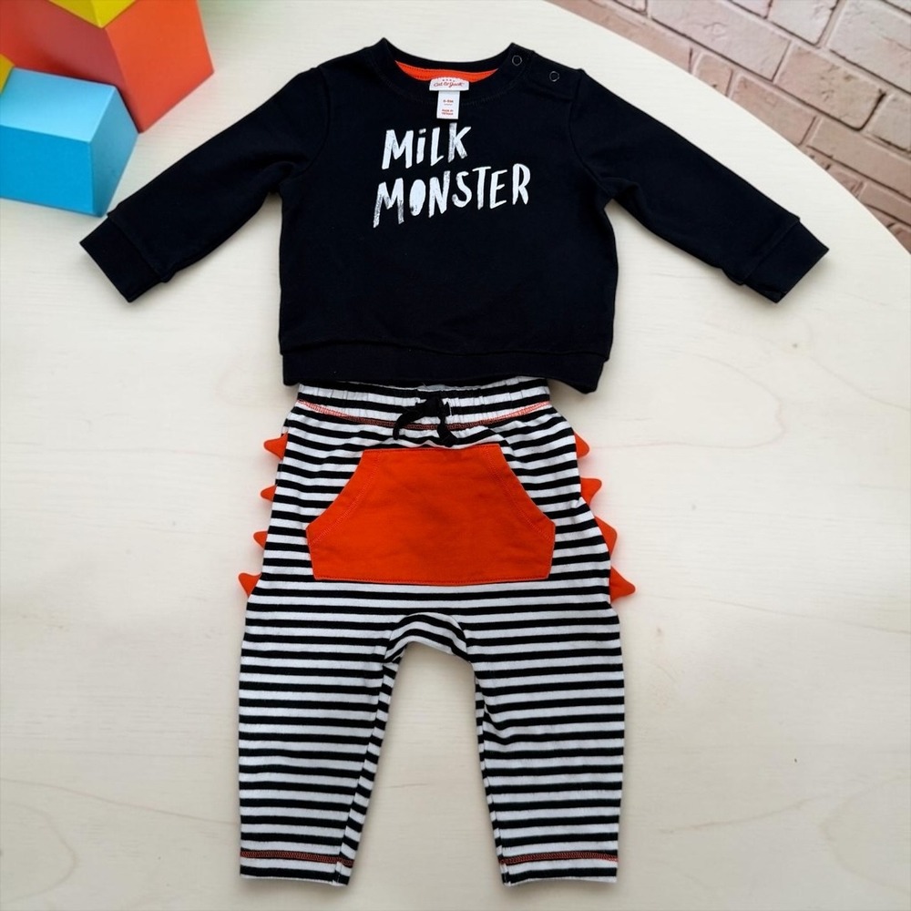 NWT Cat & Jack Baby Dinosaur Outfit 6-9M Milk‎ Monster Sweatshirt Stripe Pants